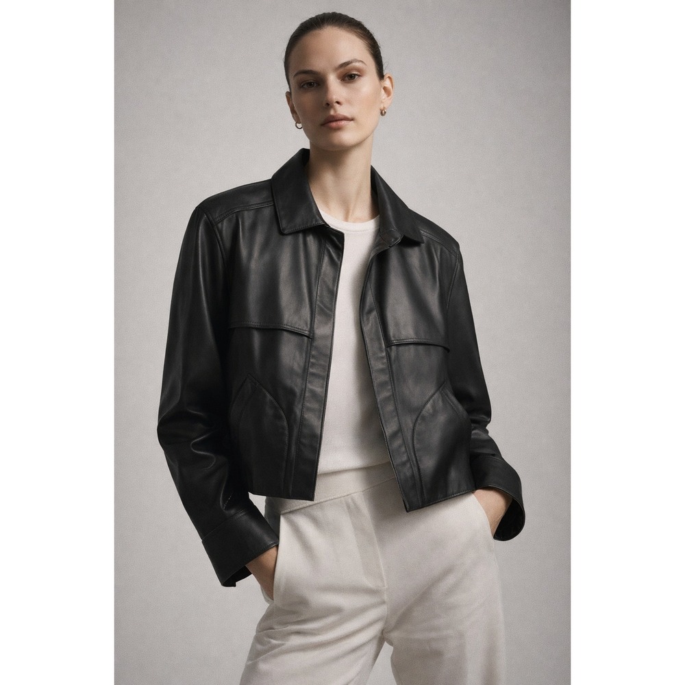 KUZYK Women's‎ Leather Bobby Jacket Black Open Front Designer- Size Medium